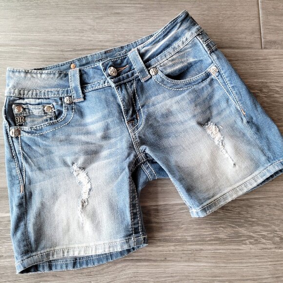 MISS ME LOW RISE SHORTS BLUE JEAN DENIM W/RHINESTONES & HOLOGRAPHIC POCKETS SIZE - Picture 8 of 13